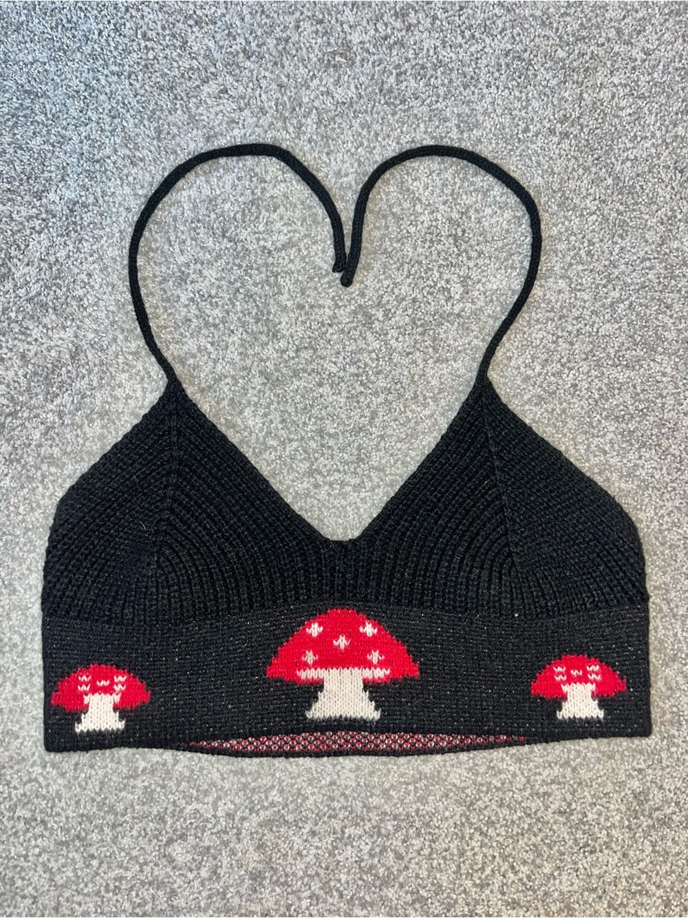 Black Knit Mushroom Bralette, Crocheted Wool Crop Halter, Handmade Beauty